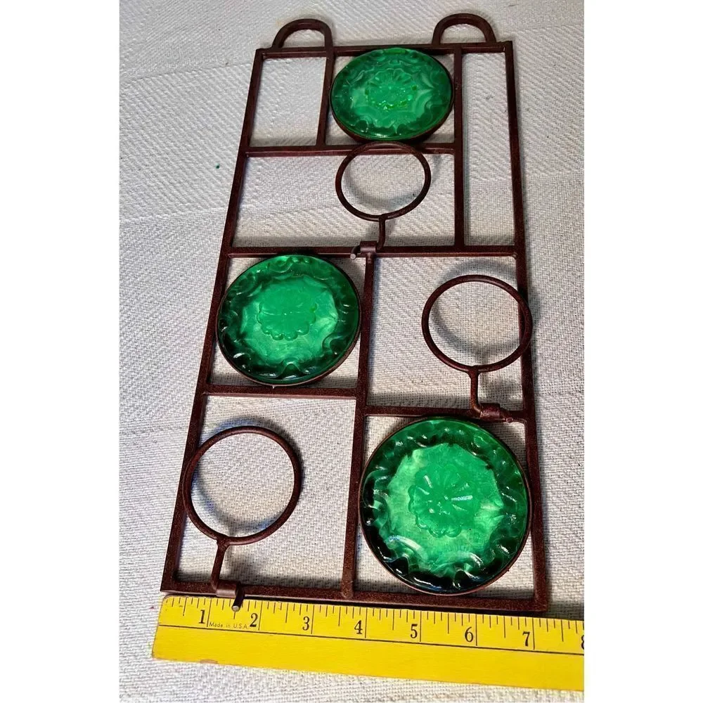 Vintage Wall Hanging Metal 3 Light Votive Candle Holder Green Glass 16” - Picture 8 of 8